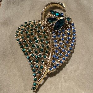 Baroness Bronzini vintage gold and Blue Leaf Brooch